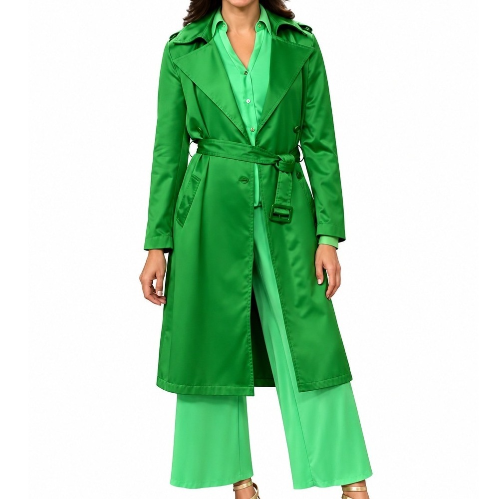NWT Kathy Ireland Casa Blanca Nights Satin Trench Coat Green Double Breasted 3X